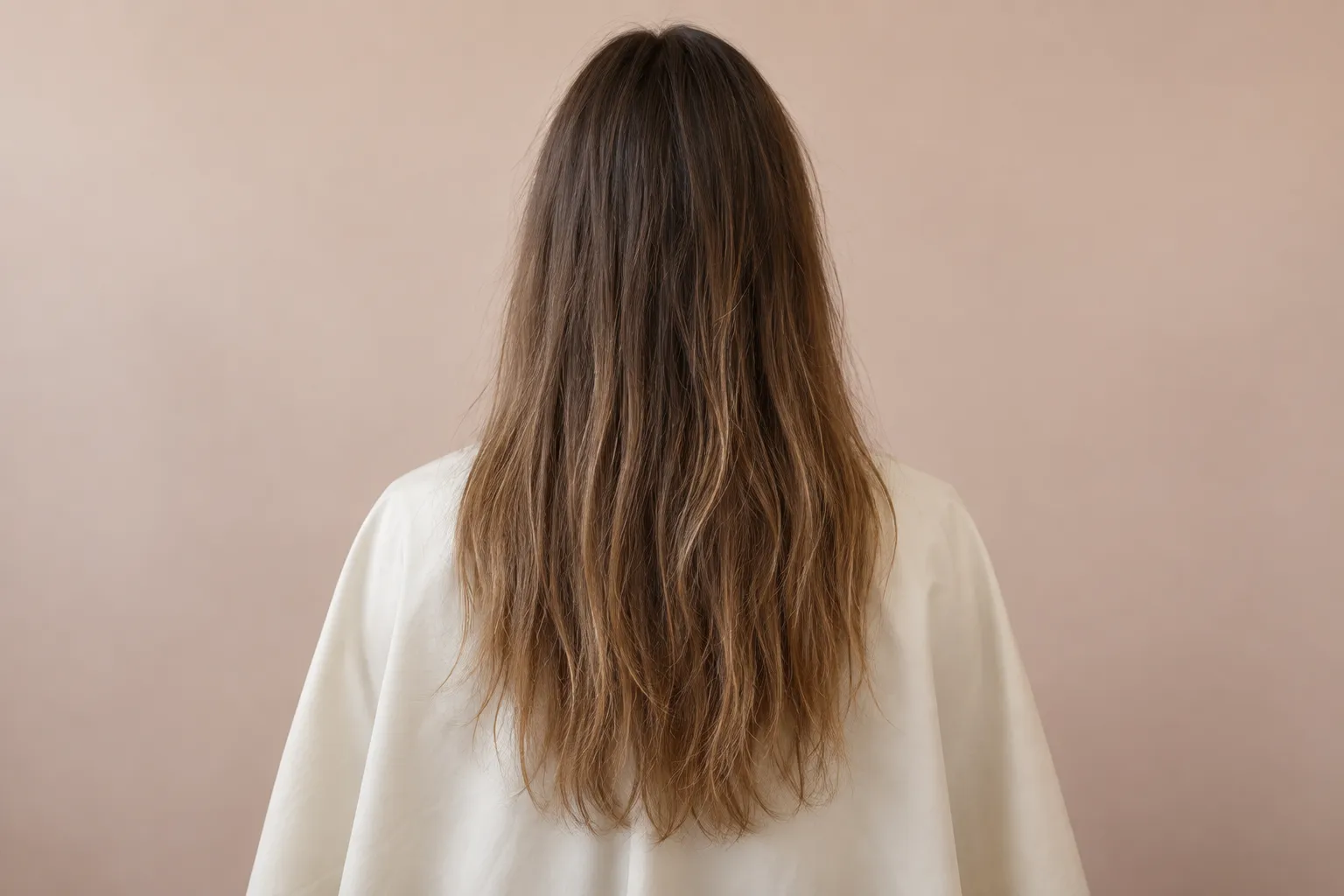 Illustrative before: unstyled brown hair with faded highlights and uneven ends.