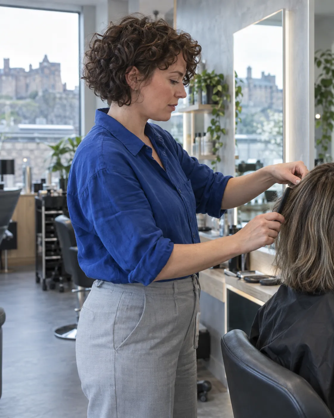 Claire Docherty working on a client’s hair beside a bright salon window.