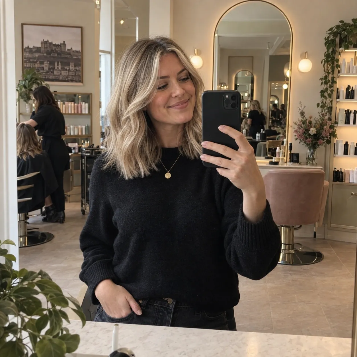 A smiling client taking a mirror selfie after her appointment.