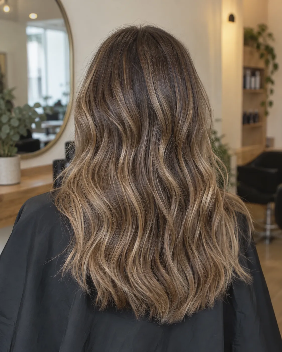 Soft honey and beige balayage blended into a natural brown base.
