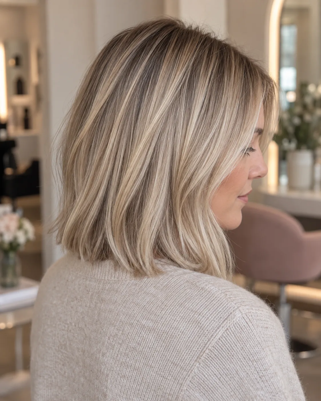 A shoulder-length cut with fine cool beige-blonde highlights.