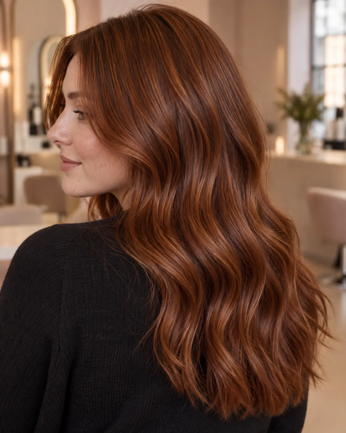 Long softly waved hair finished with a dimensional copper auburn gloss.