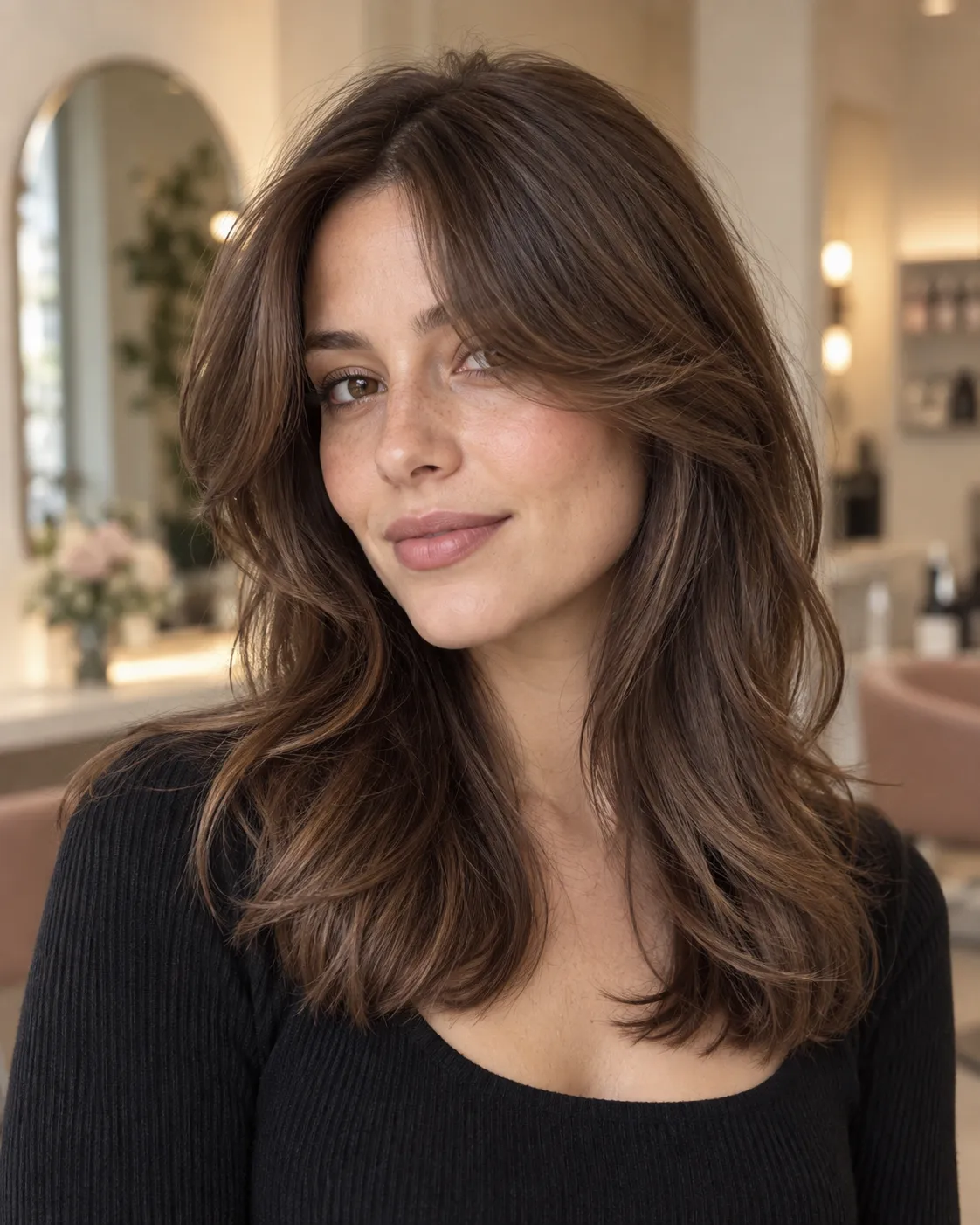 Chestnut brown hair restyled with a sweeping curtain fringe and face-framing layers.