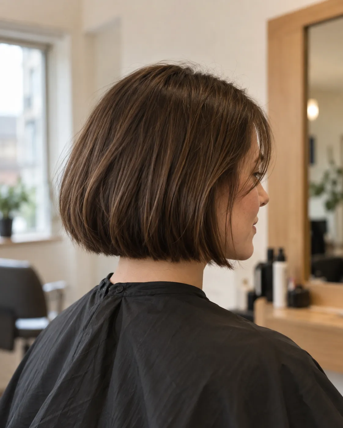A chin-length chestnut bob with a softly defined cut line.