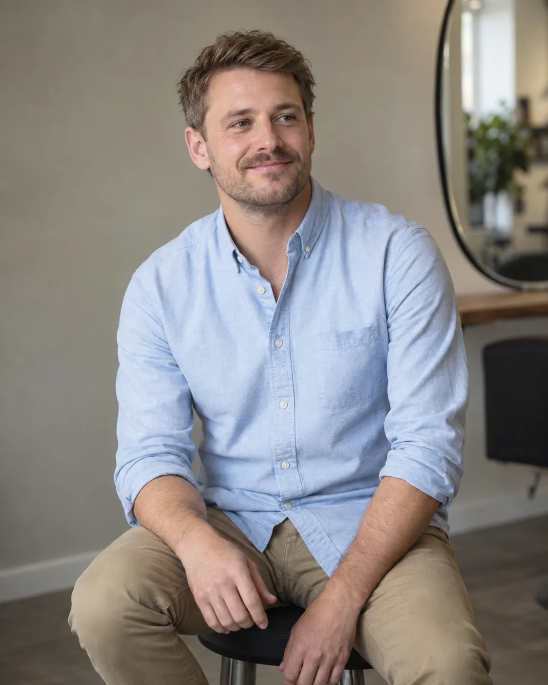 Daniel Reid seated in a light blue shirt, looking relaxed beside a salon mirror.
