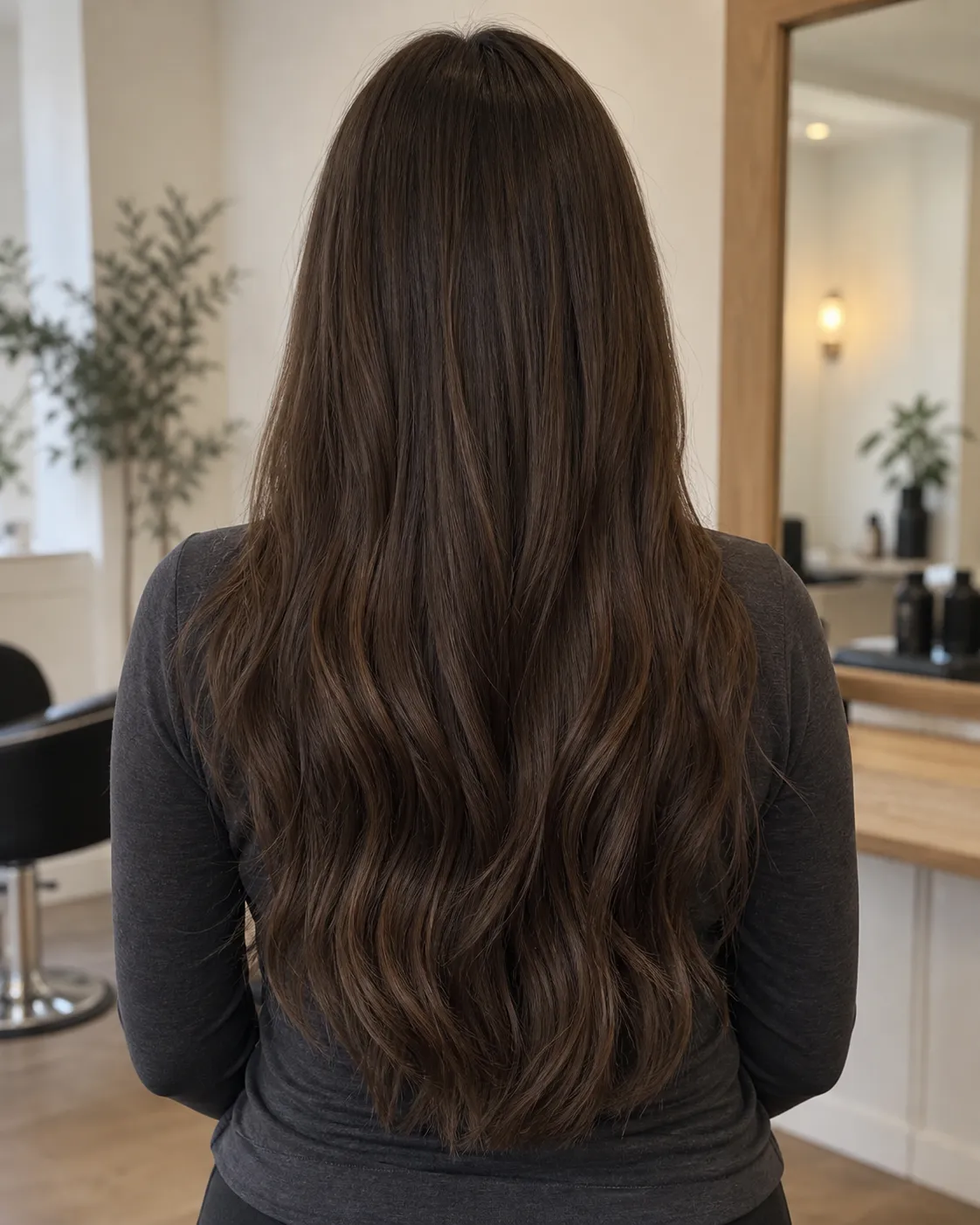 Long chocolate-brown hair with softly blended length and loose waves.