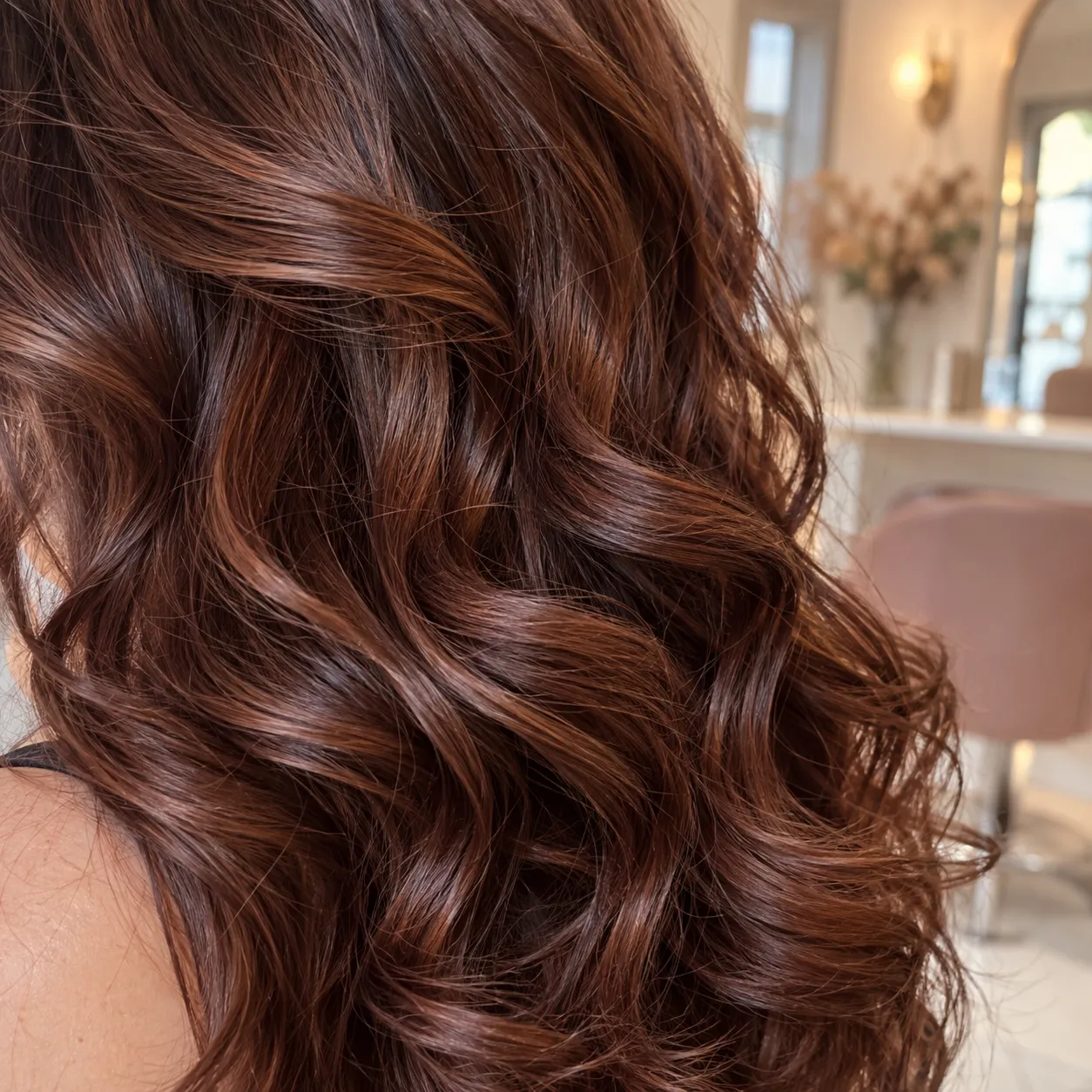 Close-up of freshly finished glossy auburn curls.