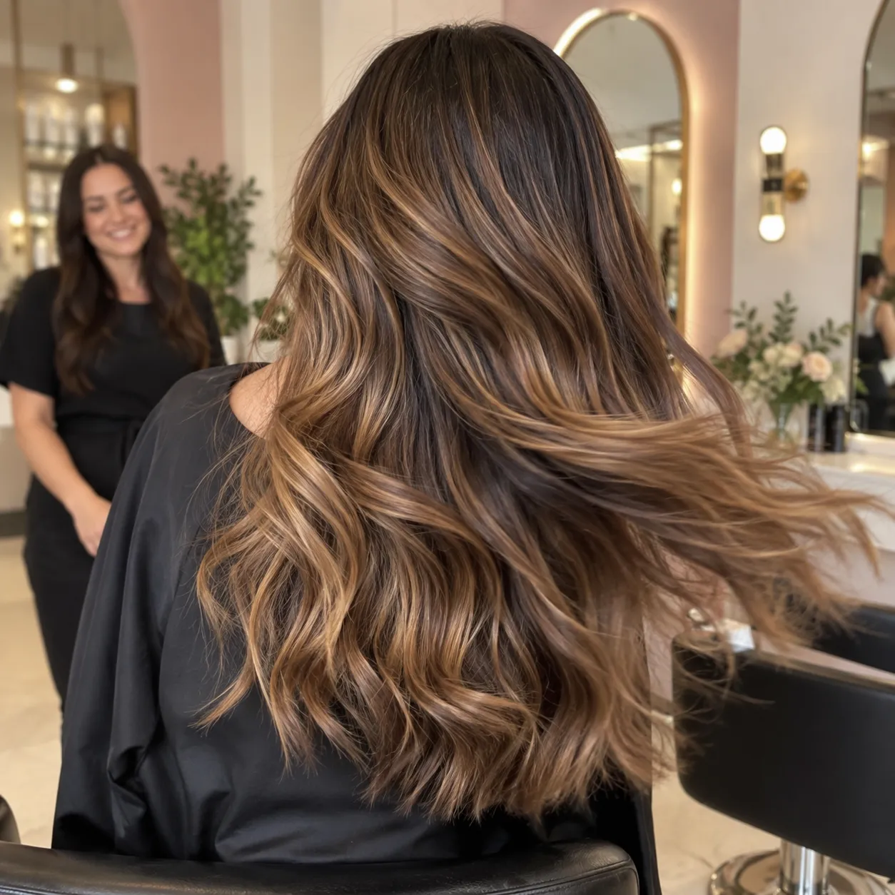 Long caramel brunette hair moving during a finished-hair reveal.