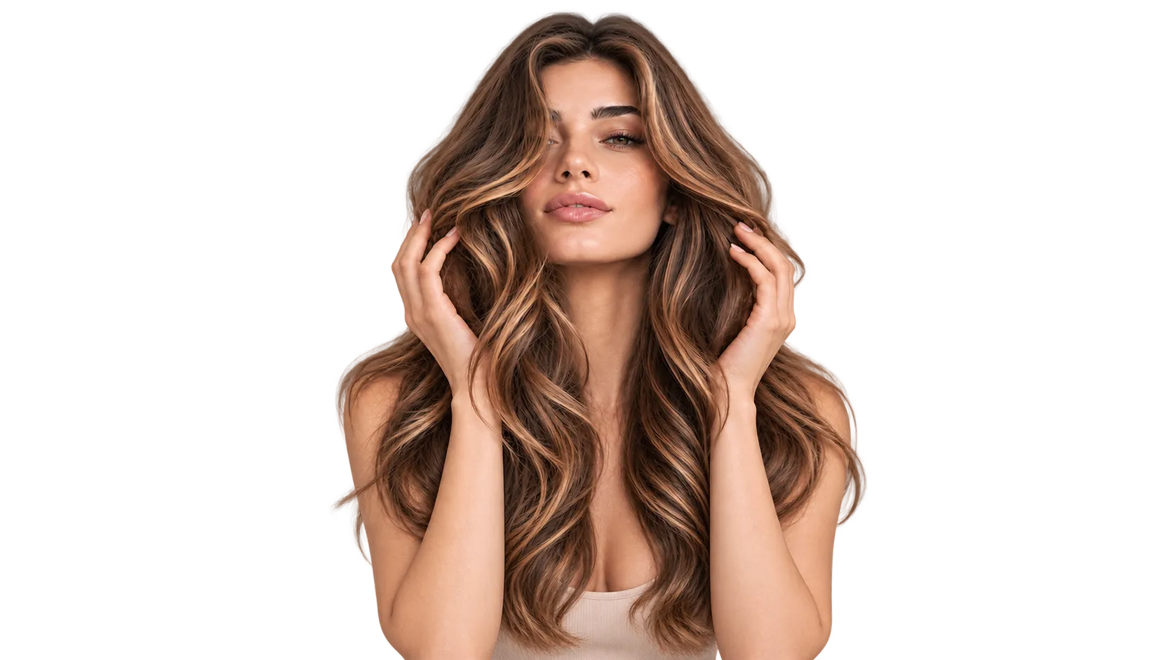 A model with long, layered brunette hair styled at Lumière Hair Studio
