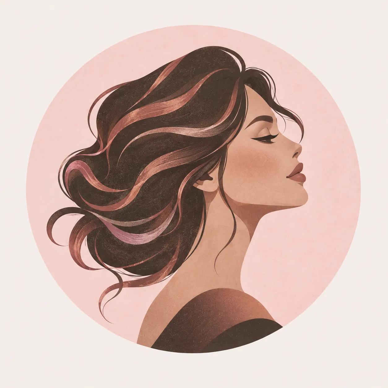 Illustrated profile with flowing hair in Lumiere brand colours.