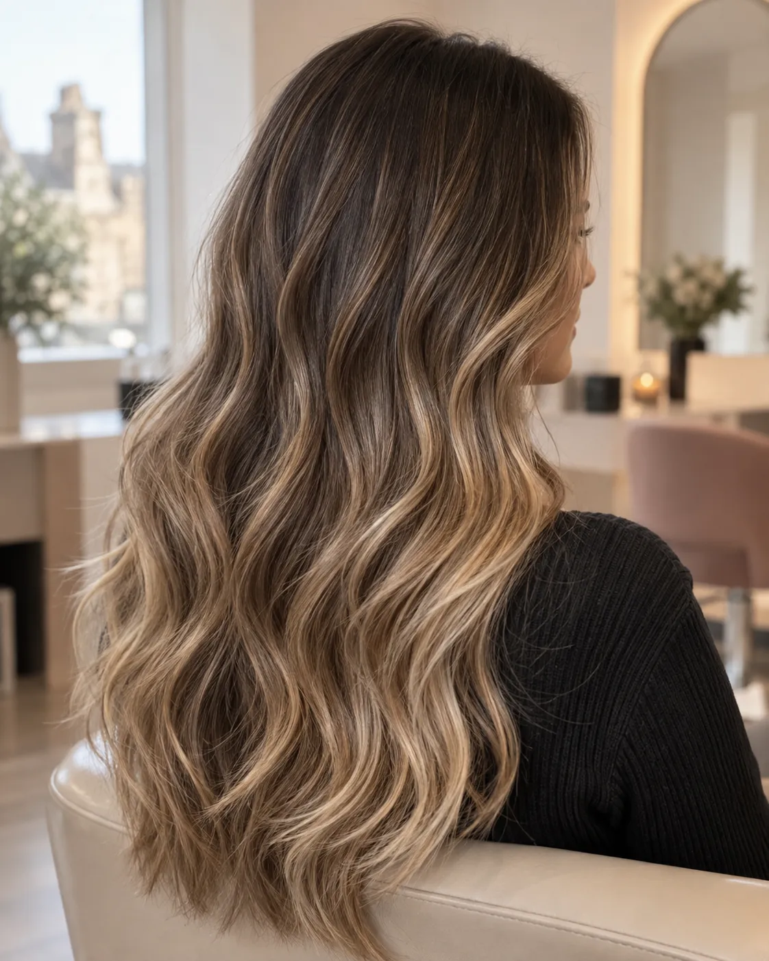 Long brunette hair with softly blended beige-blonde balayage and loose waves.