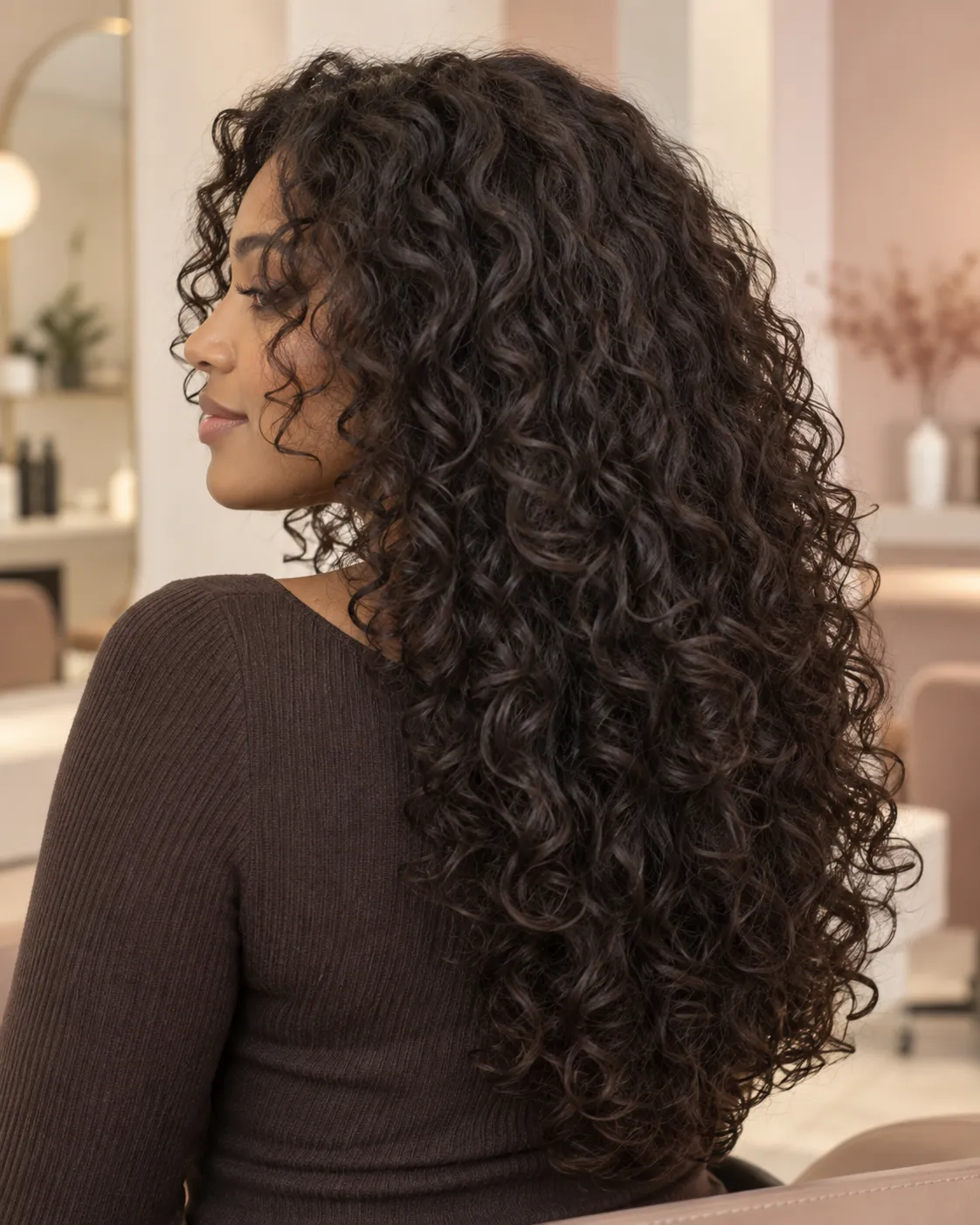 Long dark curls shaped with graduated face-framing and rounded layers.