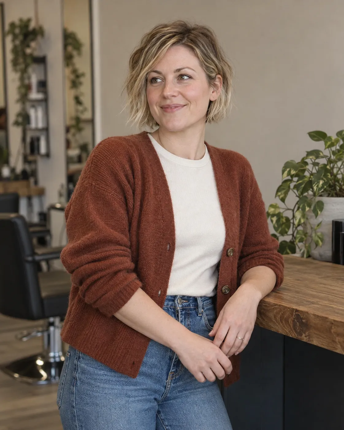 Marta Nowak wearing a rust cardigan beside a wooden salon counter.