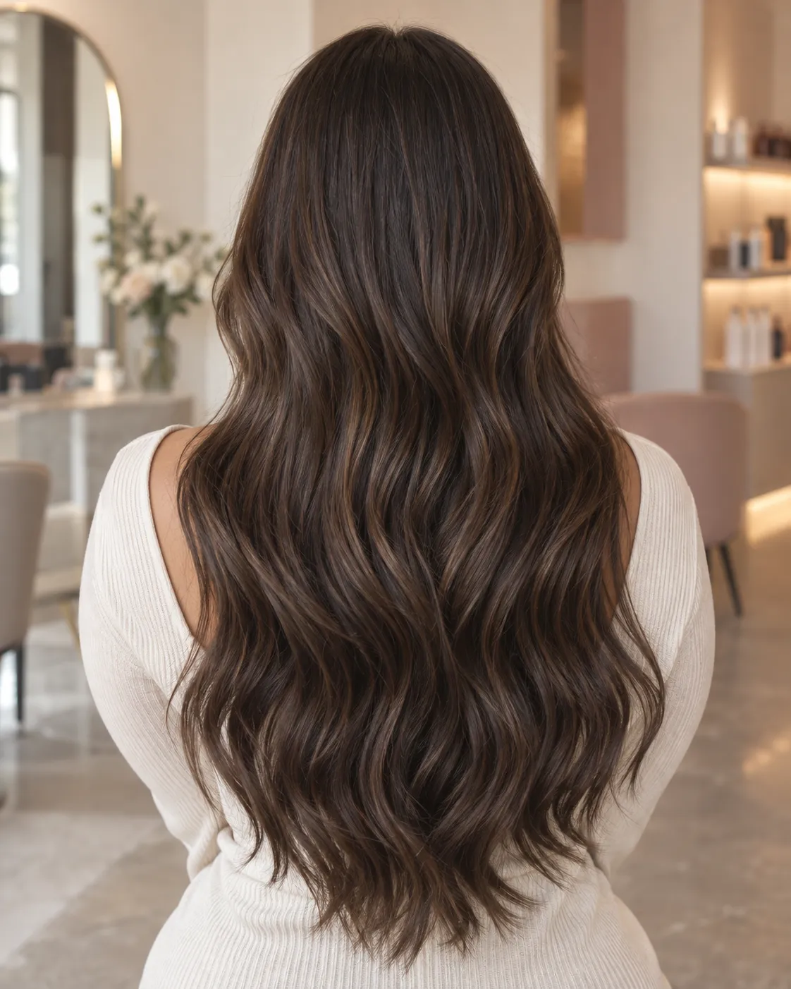 Long dimensional brunette hair with seamlessly blended added length.