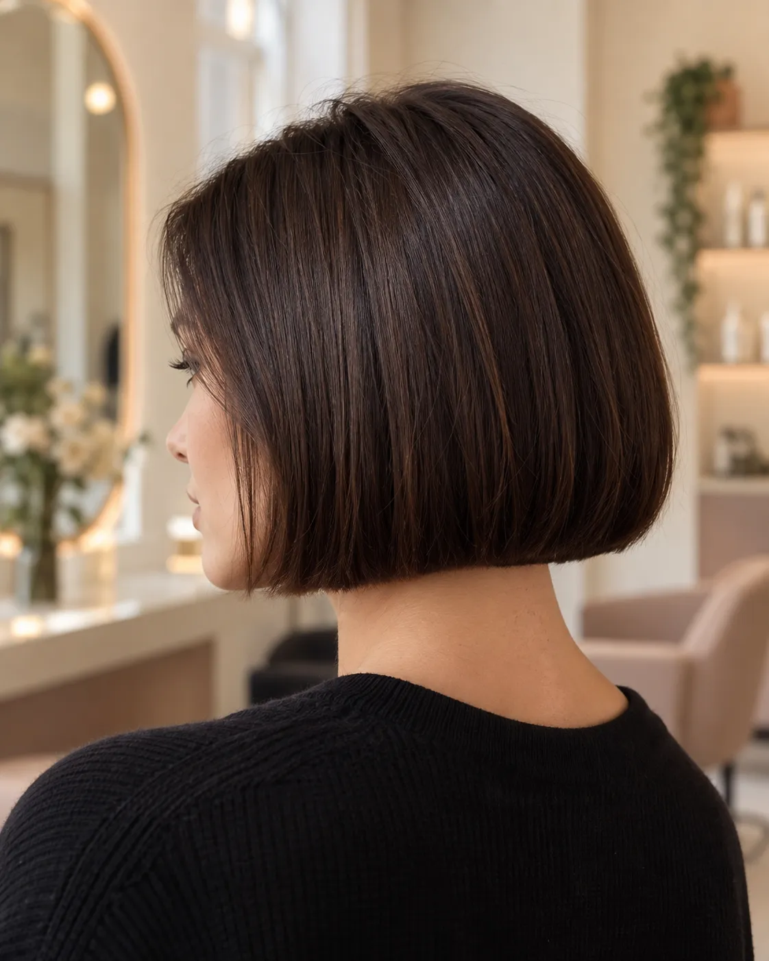 A precise chin-length espresso brunette bob viewed from the side.