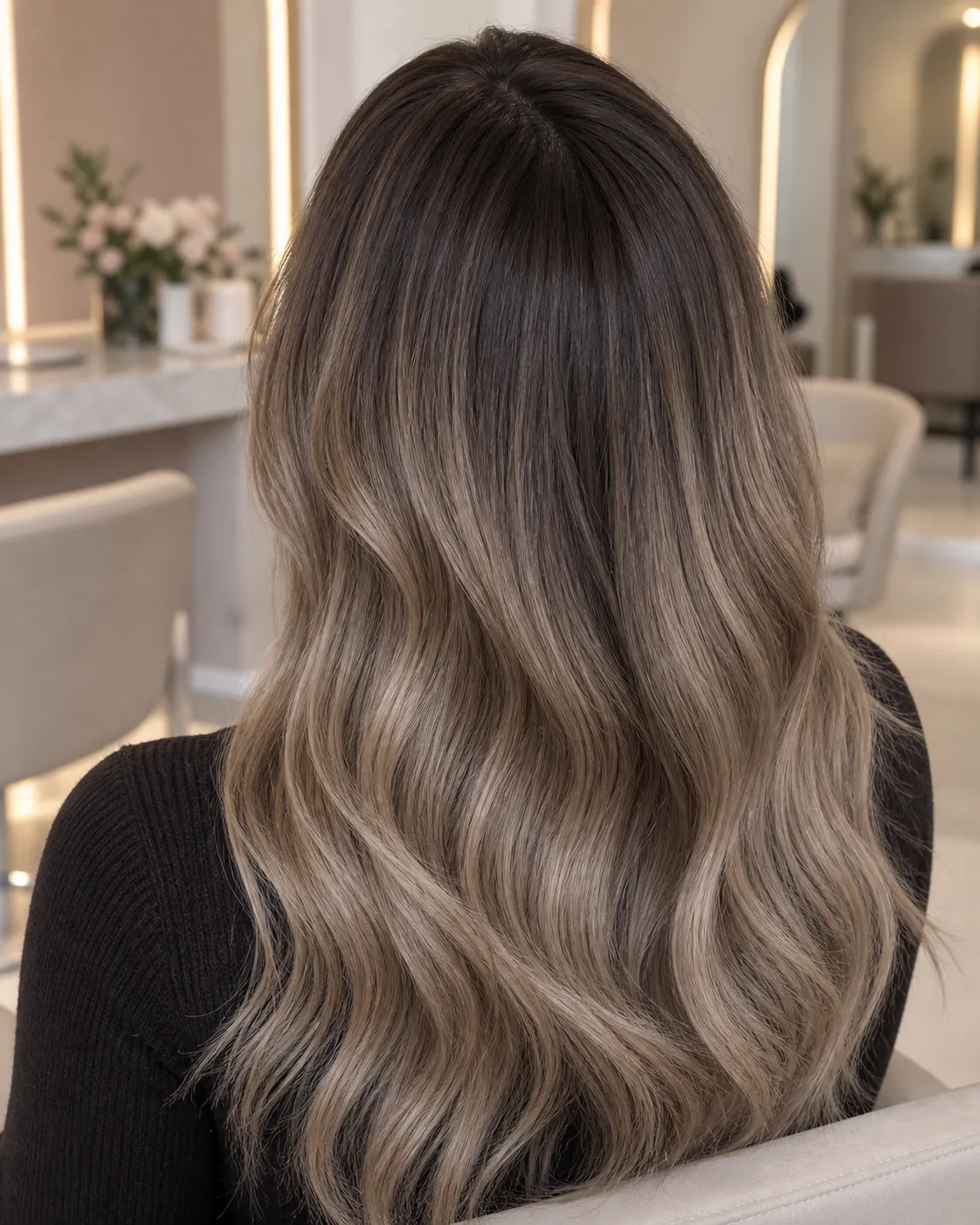Deep brunette roots blended into softly waved mushroom-beige lengths.