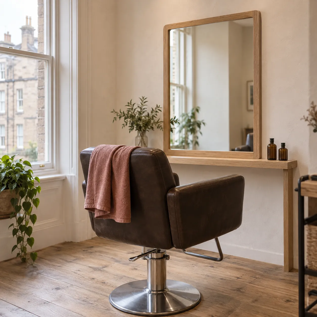 An oak-framed salon mirror and brown styling chair with a dusty-rose towel beside a sash window.