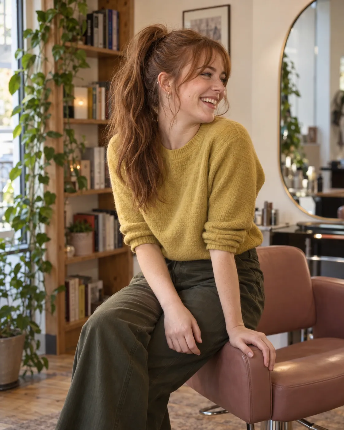 Sophie Lang laughing while sitting informally on a salon chair.