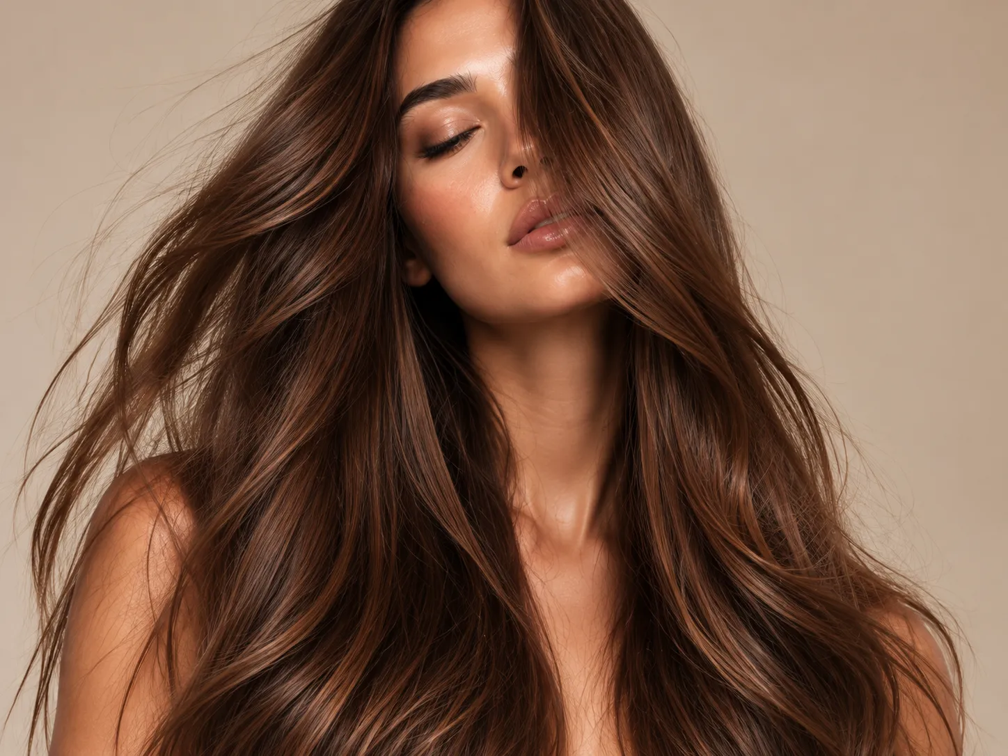 Long, glossy brunette hair falling in soft layers after a cut and finish.