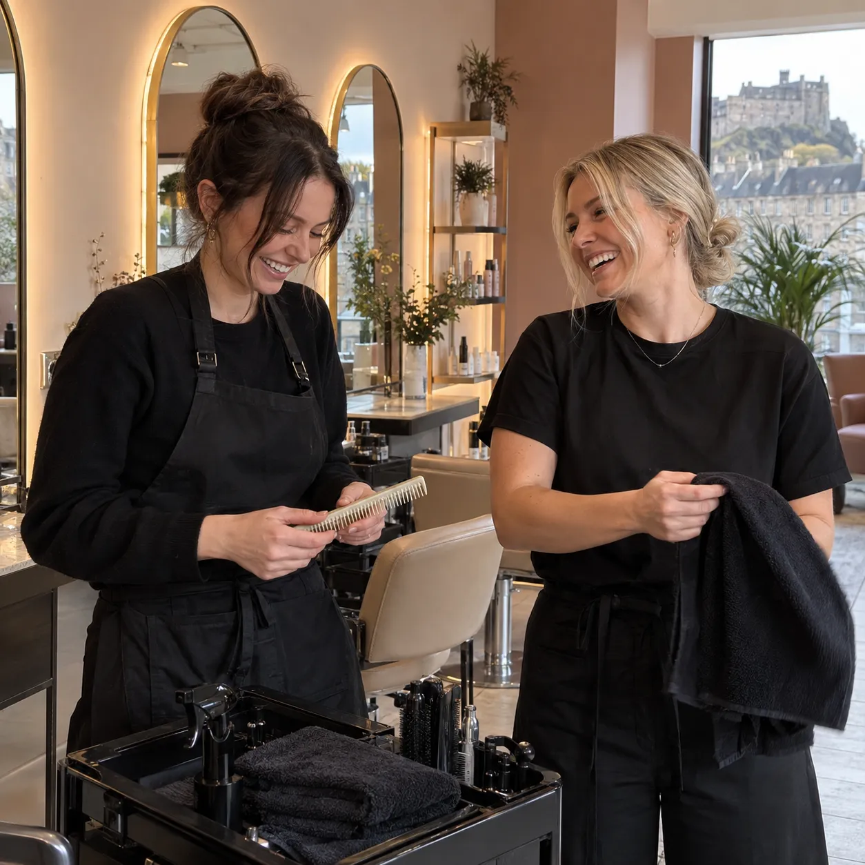 Two Lumière stylists sharing a candid moment in the salon.