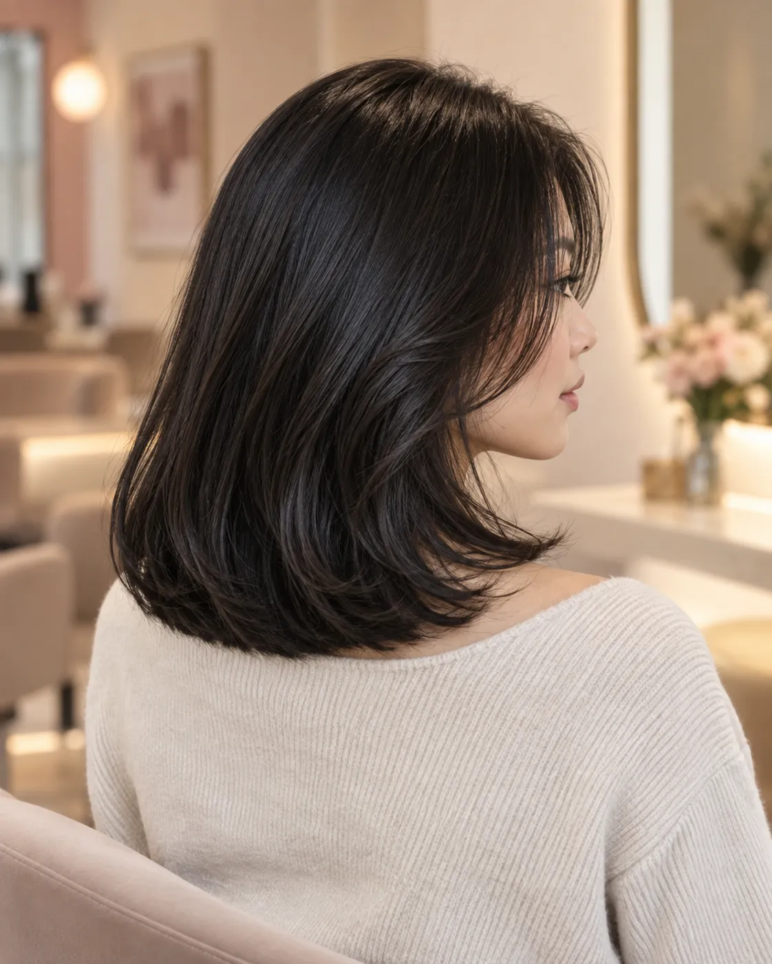 Glossy collarbone-length dark hair with softly layered added volume.